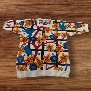 Vintage Needleworks 1990 Hand Knit Ramie Cotton Bird Floral‎ Sweater Sz S